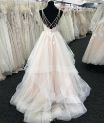 Long A-line Tulle V Neck Open Back Layered Corset Wedding Dress outfit, Wedding Dresses Satin