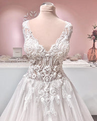 Long A-line V-neck Appliques Lace Backless Tulle Ruffles Corset Wedding Dress outfit, Wed Dress Lace