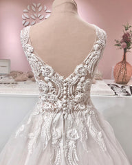 Long A-line V-neck Appliques Lace Backless Tulle Ruffles Corset Wedding Dress outfit, Weddings Dress Lace