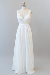 Long A-line V-neck Appliques Lace Chiffon Corset Wedding Dress outfit, Wedding Dresses Princess