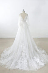 Long A-line V-neck Appliques Lace Tulle Backless Corset Wedding Dress with Sleeves Gowns, Wedding Dress Sleeves Lace