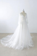 Long A-line V-neck Appliques Lace Tulle Backless Corset Wedding Dress with Sleeves Gowns, Wedding Dresses Sleeve Lace