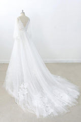 Long A-line V-neck Appliques Lace Tulle Backless Corset Wedding Dress with Sleeves Gowns, Wedding Dresses Sleeves Lace