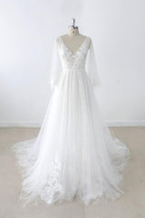 Long A-line V-neck Appliques Lace Tulle Backless Corset Wedding Dress with Sleeves Gowns, Wedding Dresses Tulle Lace