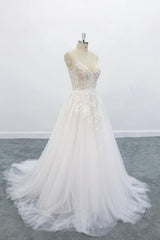 Long A-line V-neck Backless Appliques Lace Tulle Corset Wedding Dress outfit, Wedding Dresses Off The Shoulder