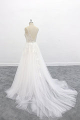 Long A-line V-neck Backless Appliques Lace Tulle Corset Wedding Dress outfit, Wedding Dresses Outfits