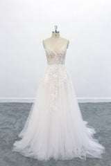 Long A-line V-neck Backless Appliques Lace Tulle Corset Wedding Dress outfit, Wedding Dress Ball Gown
