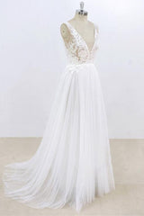 Long A-line V-neck Lace Tulle Open Back Corset Wedding Dress outfit, Wedding Dresses Tops