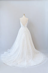 Long A-line V-neck Open Back Appliques Lace Tulle Corset Wedding Dress outfit, Wedding Dress Order Online