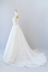 Long A-line V-neck Open Back Appliques Lace Tulle Corset Wedding Dress outfit, Wedding Dresses Lace Beach
