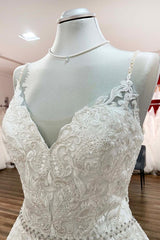 Long A-line V-neck Spaghetti Straps Backless Corset Wedding Dress with Lace Outfits, Wedding Dresses For Bride And Groom