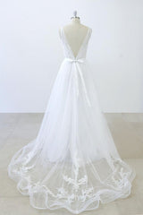Long A-line V-neck Sweetheart Ruffle Applqiues Tulle Backless Corset Wedding Dress outfit, Wedding Dresses Shoulder