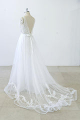 Long A-line V-neck Sweetheart Ruffle Applqiues Tulle Backless Corset Wedding Dress outfit, Wedding Dress Shoulders