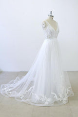 Long A-line V-neck Sweetheart Ruffle Applqiues Tulle Backless Corset Wedding Dress outfit, Wedding Dress Shoulder