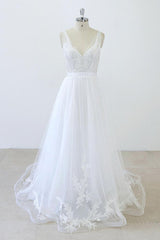 Long A-line V-neck Sweetheart Ruffle Applqiues Tulle Backless Corset Wedding Dress outfit, Weddings Dresses For The Beach