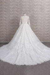 Long A-line V-neck Tulle Appliques Lace Corset Wedding Dress with Sleeves Gowns, Wedding Dresses Simple Elegant