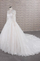 Long A-line V-neck Tulle Appliques Lace Corset Wedding Dress with Sleeves Gowns, Wedding Dresses Lace Romantic