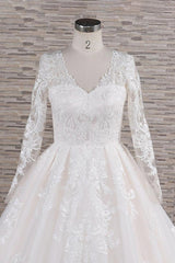 Long A-line V-neck Tulle Appliques Lace Corset Wedding Dress with Sleeves Gowns, Wedding Dresses Train