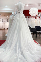 Long A-line V-neck Tulle Lace White Ruffles Corset Wedding Dresses outfit, Wedding Dress Store