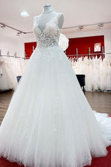 Long A-line V-neck Tulle Lace White Ruffles Corset Wedding Dresses outfit, Wedding Dresses Stores