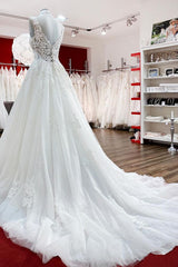 Long A-line V-neck Tulle Lace White Ruffles Corset Wedding Dresses outfit, Wedding Dresses Store