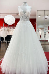 Long A-line V-neck Tulle Lace White Ruffles Corset Wedding Dresses outfit, Wedding Dress Lookbook