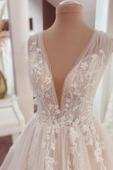 Long A-Line V-neck Wide Straps Appliques Lace Tulle Corset Wedding Dress outfit, Wedding Dresses Sleeves