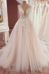 Long A-Line V-neck Wide Straps Appliques Lace Tulle Corset Wedding Dress outfit, Wedding Dress Under