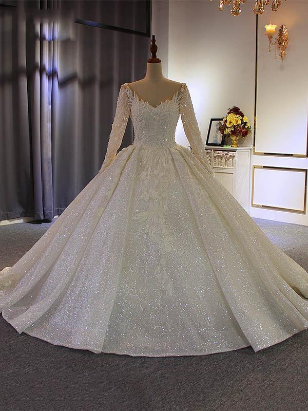 Long Corset Ball Gown V Neck Sequins Corset Wedding Dresses with Sleeves Gowns, Wedding Dress Chic