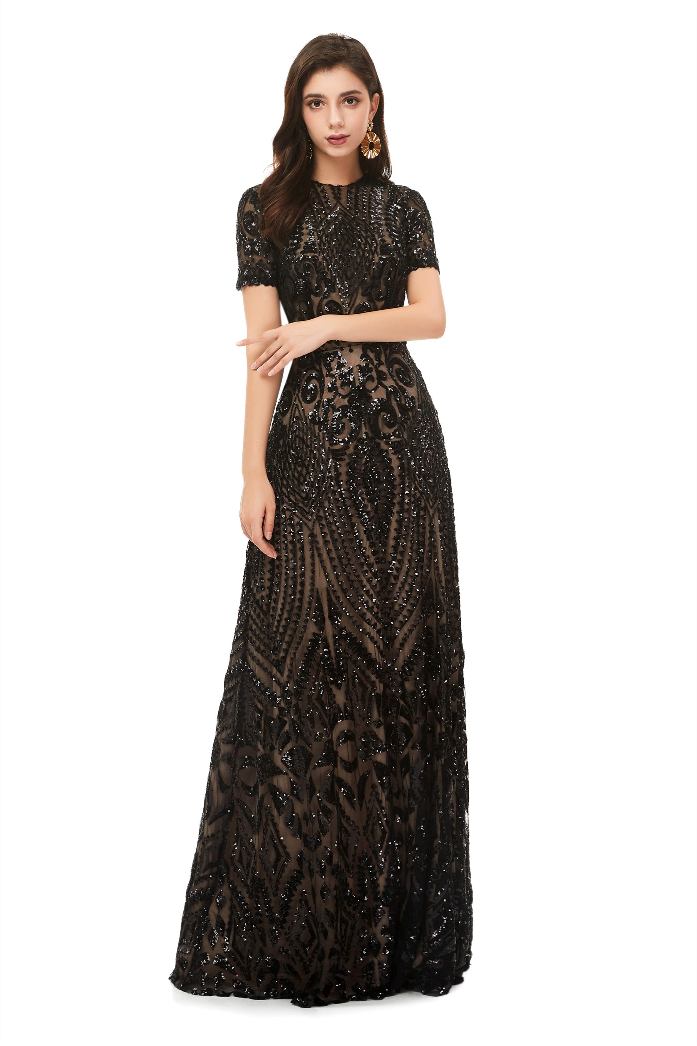 Long Black Sparkly Sequins Corset Prom Dresses With Short Sleeves Gowns, Prom Dress Pattern