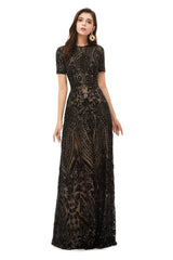Long Black Sparkly Sequins Corset Prom Dresses With Short Sleeves Gowns, Prom Dresses Patterned