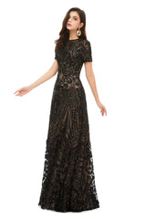 Long Black Sparkly Sequins Corset Prom Dresses With Short Sleeves Gowns, Prom Dress Patterns