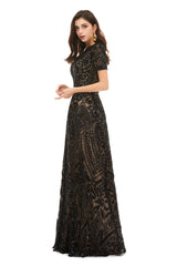 Long Black Sparkly Sequins Corset Prom Dresses With Short Sleeves Gowns, Prom Dresses With Slits