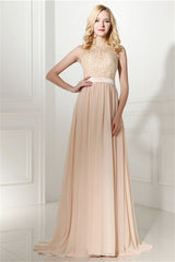 Long Chiffon Champagne Corset Prom Dresses With Lace Bodice outfit, Prom Look