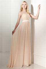 Long Chiffon Champagne Corset Prom Dresses With Lace Bodice outfit, Semi Formal Outfit