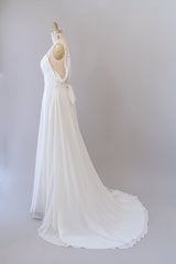 Long Empire A-line V-neck Lace Chiffon Open Back Corset Wedding Dress outfit, Wedding Dresses Sales