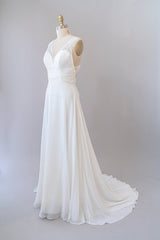 Long Empire A-line V-neck Lace Chiffon Open Back Corset Wedding Dress outfit, Wedding Dresses Sale