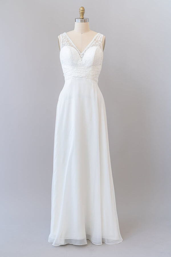 Long Empire A-line V-neck Lace Chiffon Open Back Corset Wedding Dress outfit, Wedding Dress Inspo