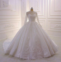 Long High neck Appliques Lace Corset Ball Gown Corset Wedding Dress with Sleeves Gowns, Wedding Dresses Wedding Dresses