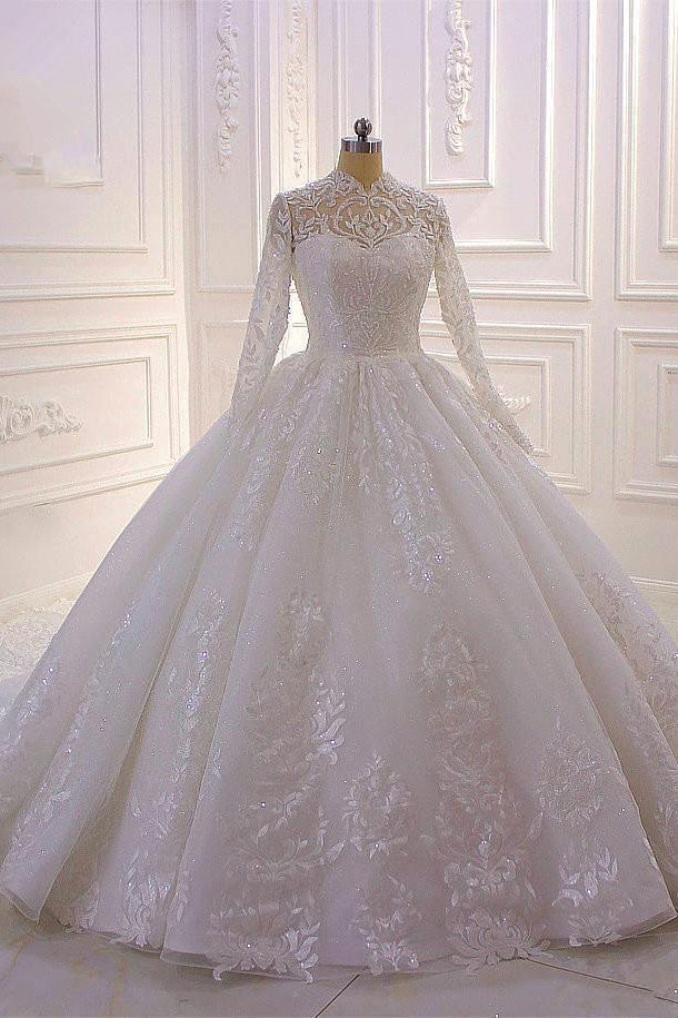 Long High neck Appliques Lace Corset Ball Gown Corset Wedding Dress with Sleeves Gowns, Wedding Dresses Aesthetic