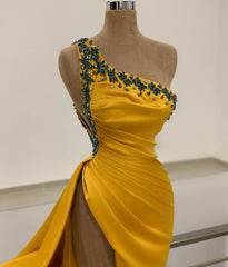 Long Mermaid One Shoulder Beading Backless Corset Prom Dress with Slit Gowns, Party Dress Silk