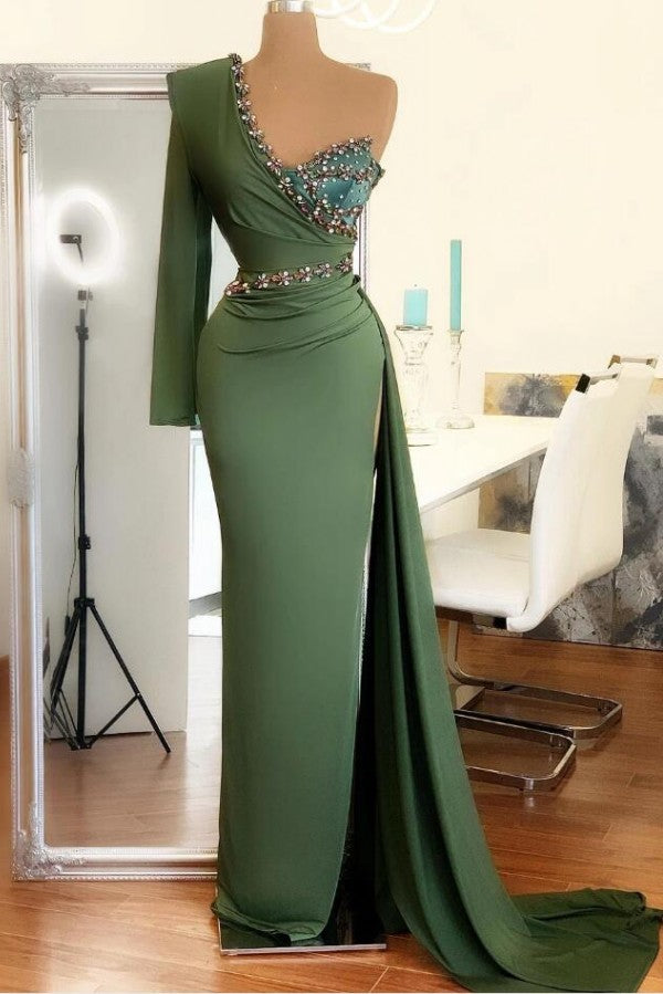 Long Mermaid One Shoulder Front Slit Corset Prom Dress With Sleeves Gowns, Party Dress Glitter