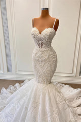Long Mermaid Sweetheart Spaghetti Straps Tulle Beading Corset Wedding Dress with Ruffles Gowns, Wedding Dresses Collection