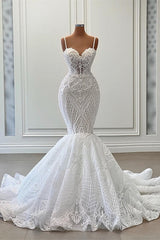 Long Mermaid Sweetheart Spaghetti Straps Tulle Beading Corset Wedding Dress with Ruffles Gowns, Wedsing Dresses Vintage