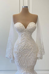 Long Mermaid Sweetheart Strapless Pearls Beadings Lace Corset Wedding Dress with Sleeves Gowns, Wedding Dress Backs