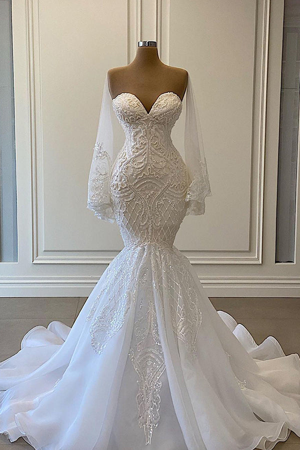 Long Mermaid Sweetheart Strapless Pearls Beadings Lace Corset Wedding Dress with Sleeves Gowns, Wedding Dresses Back