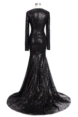 Long Mermaid V-Neck Black Sequins Corset Prom Dresses with Sleeves Gowns, Party Dresses For Over 67S