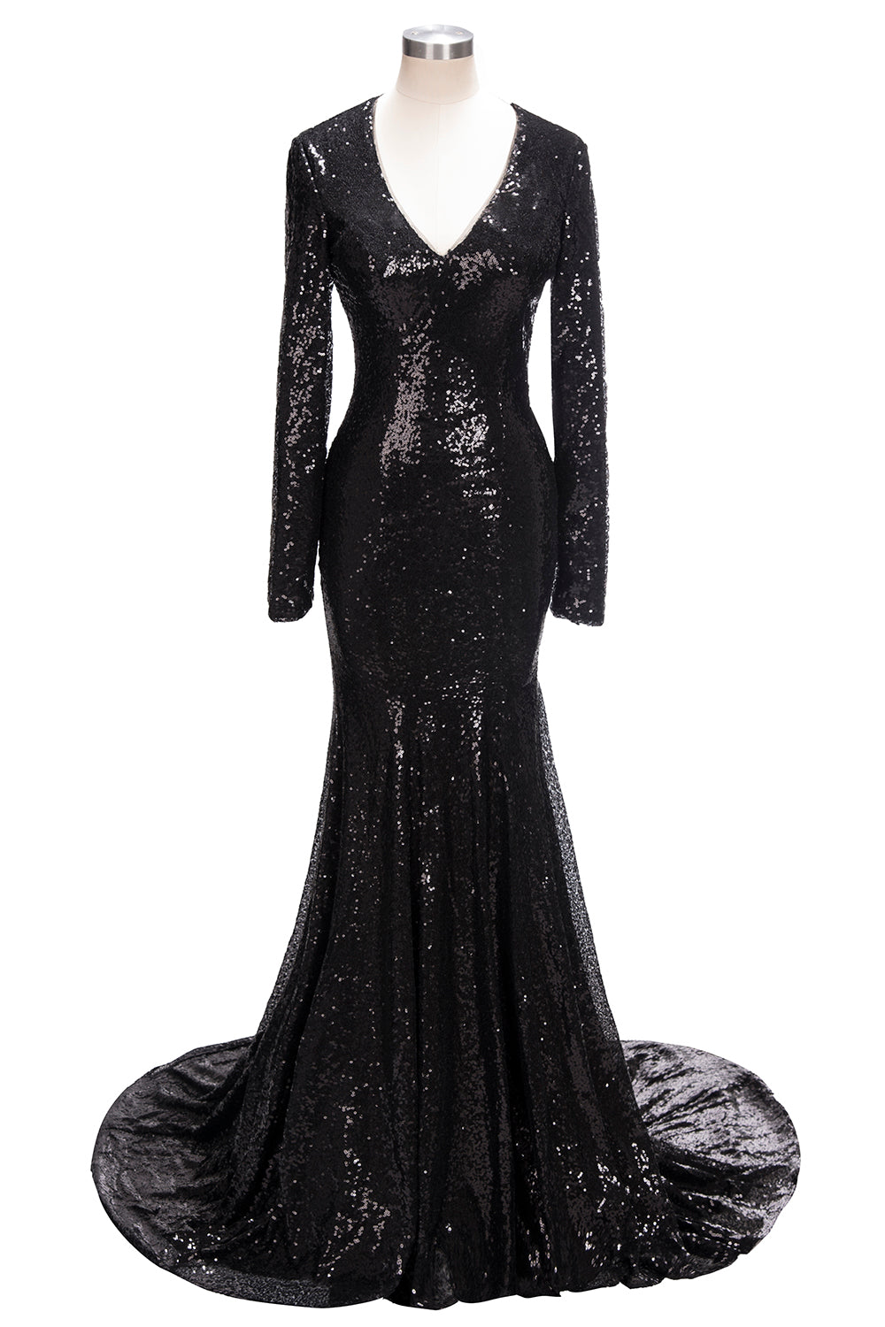 Long Mermaid V-Neck Black Sequins Corset Prom Dresses with Sleeves Gowns, Party Dress Over 67