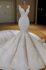 Long Mermaid V-neck Lace Corset Wedding Dress outfit, Wedding Dress Under 5003