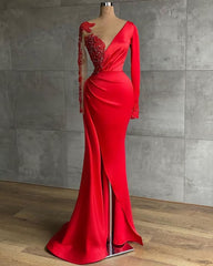 Long Red Satin Evening Dresses, Sheer Neckline Long Sleeve Beaded African High Slit Women Corset Formal Corset Prom Dress outfits, Party Dress Silk